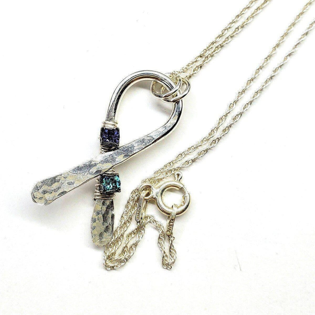 "Stunning Silver Suicide Prevention Necklace with Sparkling Purple and Teal Crystals - Wear Your Support!"