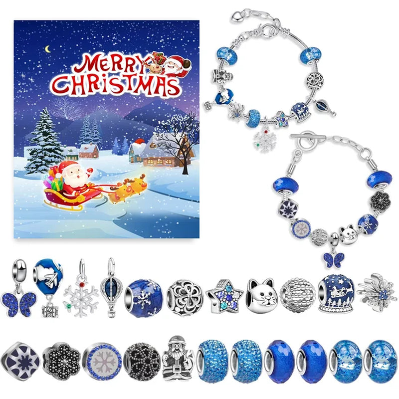 24 Days DIY Advent Calendar Jewelry Gift Box Blue Jewelry Bracelets Set for Girls Kids 2023 Countdown Christmas Advent Calendar