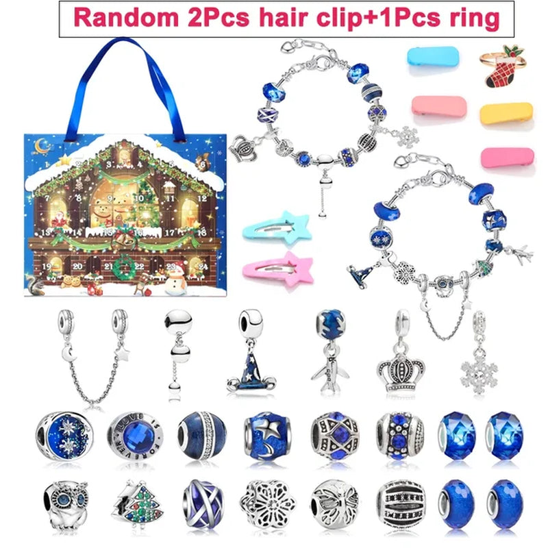 24 Days DIY Advent Calendar Jewelry Gift Box Blue Jewelry Bracelets Set for Girls Kids 2023 Countdown Christmas Advent Calendar