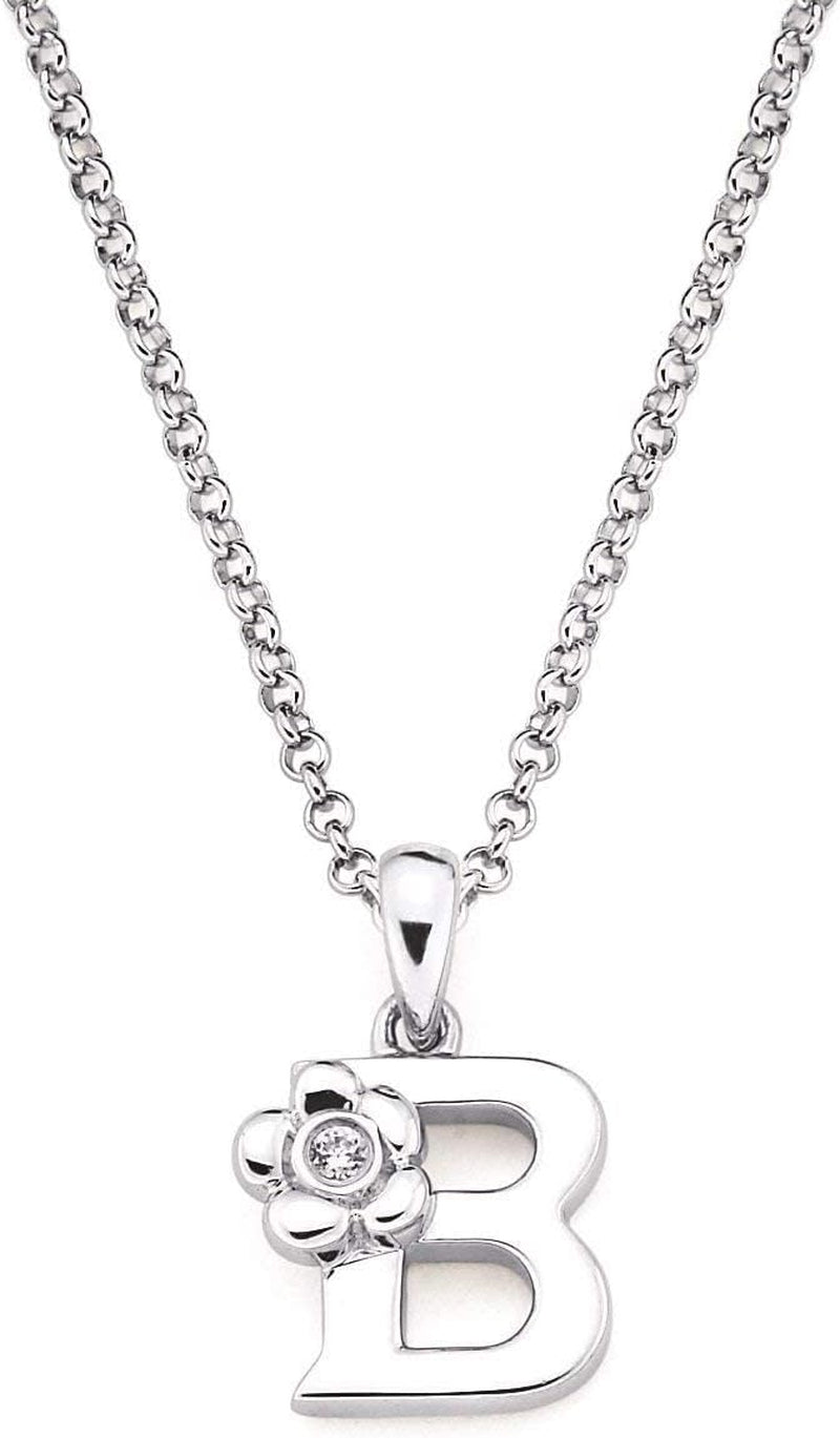 Diamond Accent Initial Letter with Flower Accent Sterling Silver Girls Pendant Necklace with 14" Rolo Chain and 2" Extender