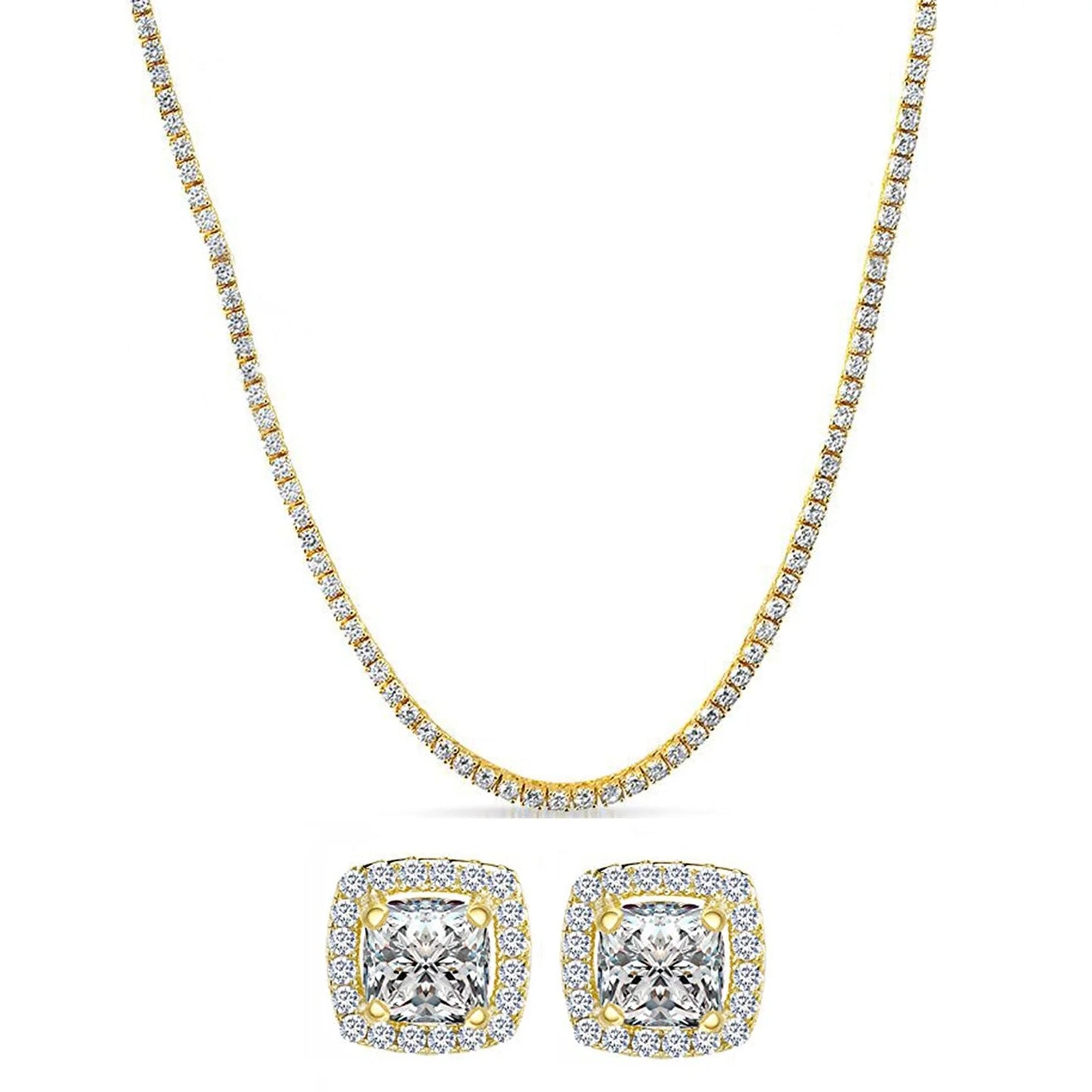 Swarovski Elements Tennis Necklace and Princess Halo Earring Set in Gold Plating - 3 Options Available ITALY Design