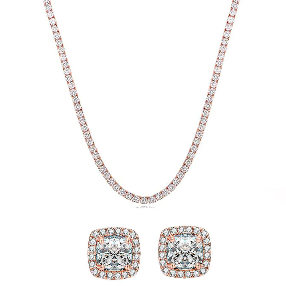 Swarovski Elements Tennis Necklace and Princess Halo Earring Set in Gold Plating - 3 Options Available ITALY Design