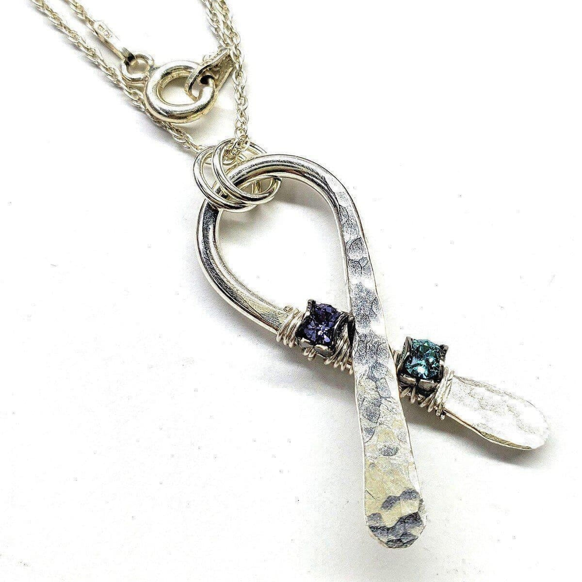 "Stunning Silver Suicide Prevention Necklace with Sparkling Purple and Teal Crystals - Wear Your Support!"