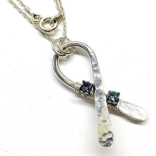 "Stunning Silver Suicide Prevention Necklace with Sparkling Purple and Teal Crystals - Wear Your Support!"