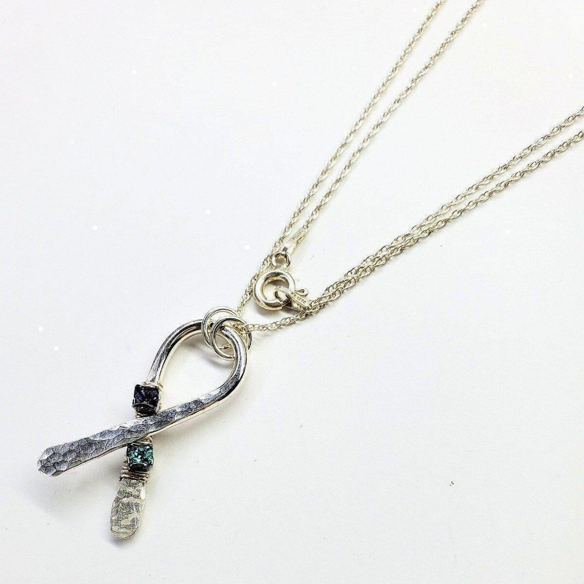 "Stunning Silver Suicide Prevention Necklace with Sparkling Purple and Teal Crystals - Wear Your Support!"