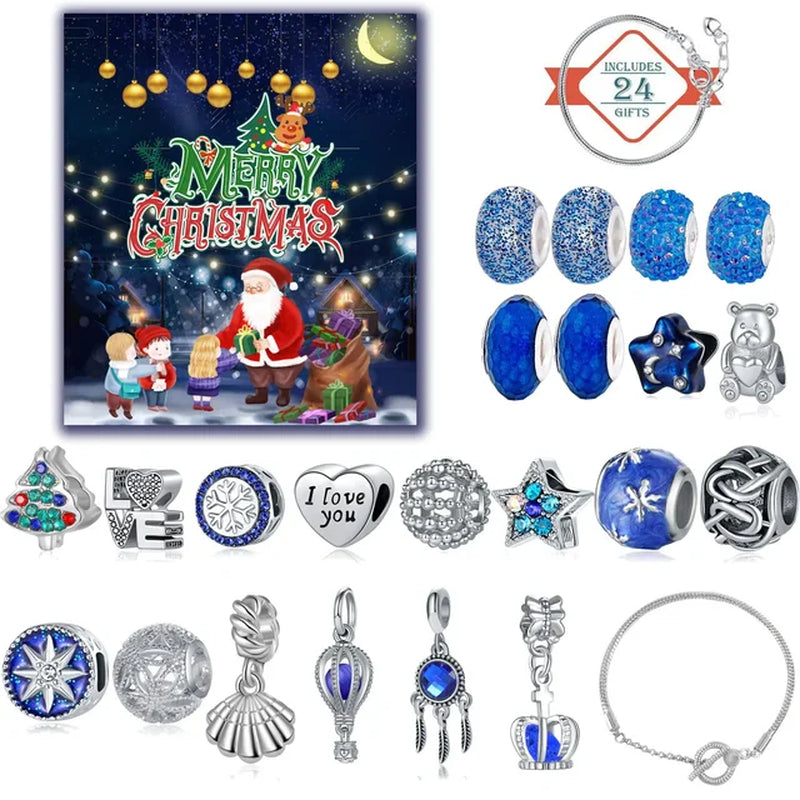 24 Days DIY Advent Calendar Jewelry Gift Box Blue Jewelry Bracelets Set for Girls Kids 2023 Countdown Christmas Advent Calendar